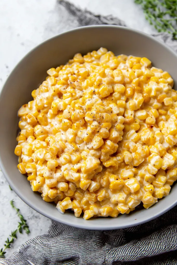 Warm corn side dish with a smooth, shiny coating, accented by a sprig of green herb.