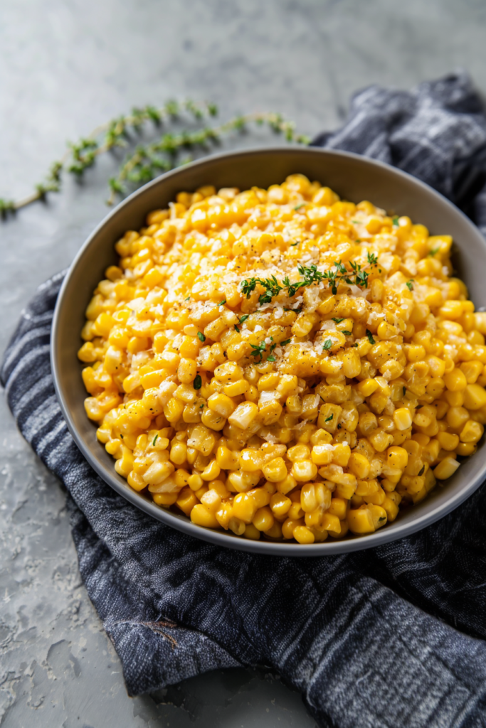 Final presentation of sweet corn in a skillet-style preparation, its creamy texture highlighted against a white bowl.