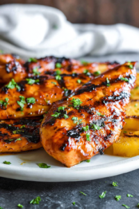 Grilled chicken breasts glazed with a sticky honey sauce, topped with chopped green onions and served with caramelized pineapple slices.