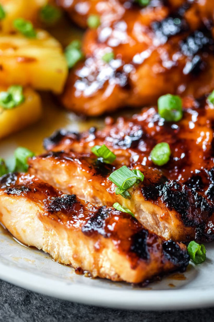 Juicy grilled chicken with dark char marks and a glossy sweet glaze on a white plate.