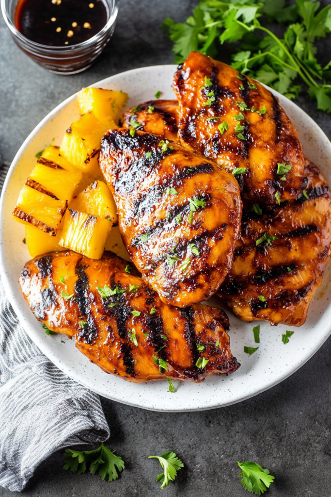 Tender grilled chicken with a sweet and smoky finish, served alongside lightly charred pineapple chunks.