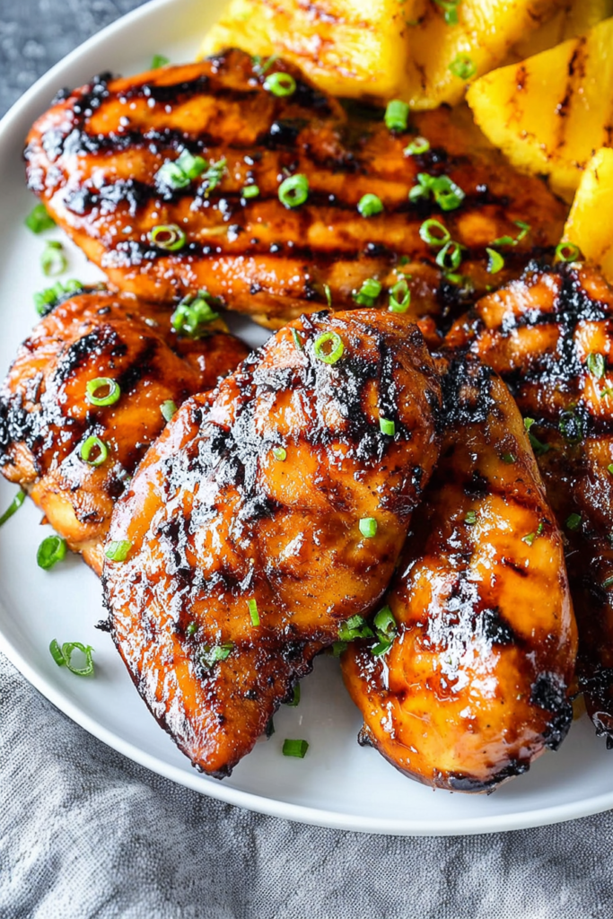 Close-up of barbecue chicken pieces brushed with honey glaze and paired with grilled pineapple rings.