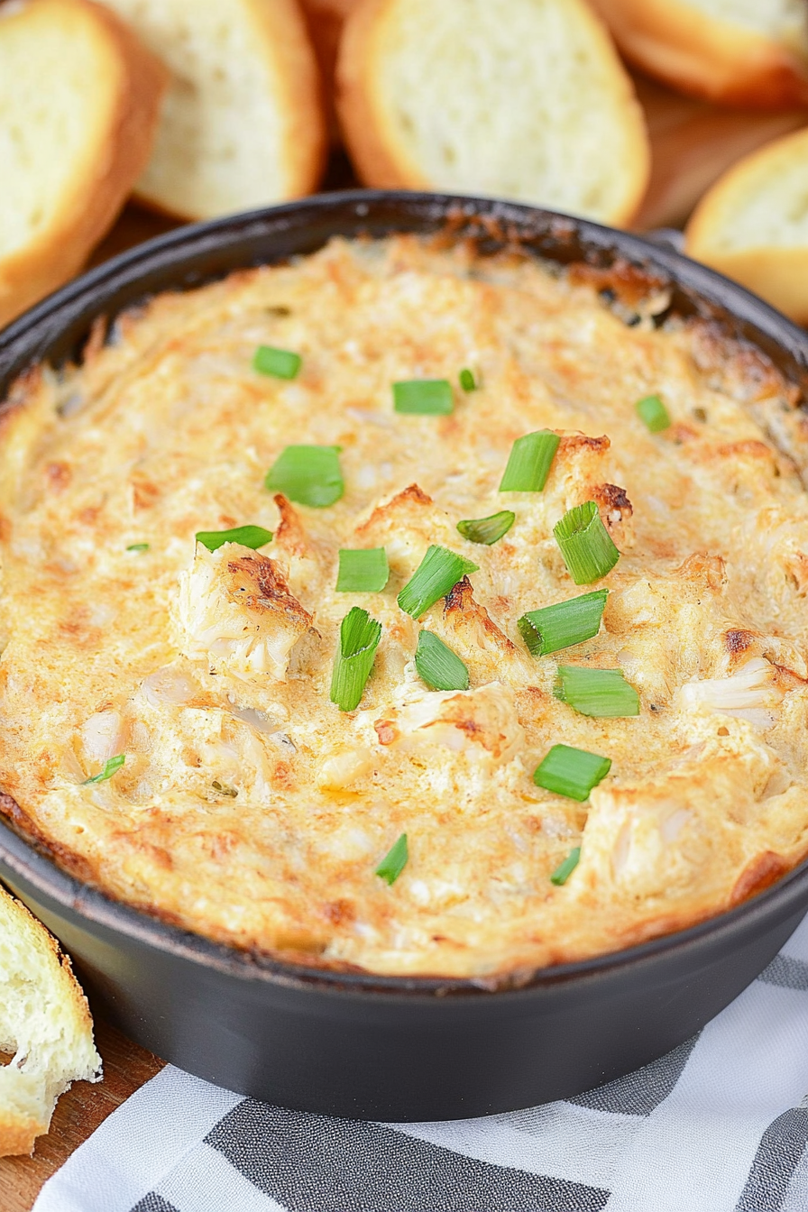 Savory Southern-style crab dip garnished with fresh chives.