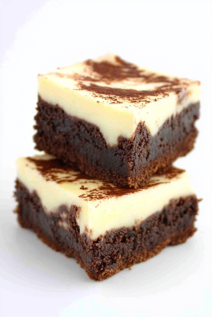 Final plated shot of Irish Cream Brownie Cheesecake, showing the contrast of dark and light layers.