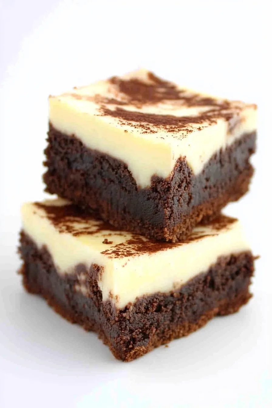 Final plated shot of Irish Cream Brownie Cheesecake, showing the contrast of dark and light layers.