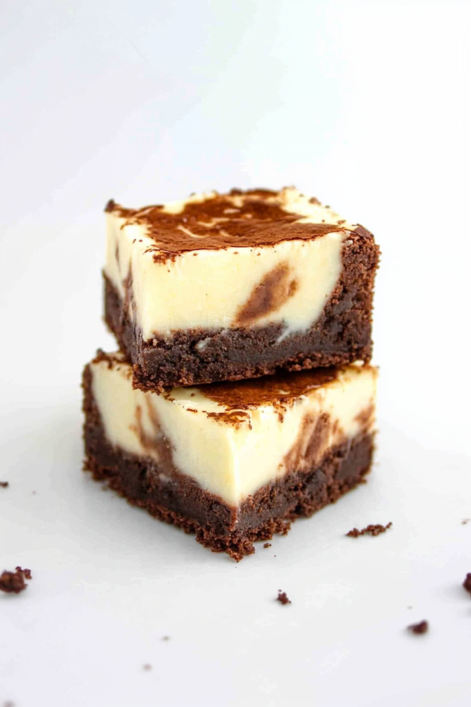 A slice of cheesecake-topped brownie on a white plate, highlighting the marbled chocolate design.
