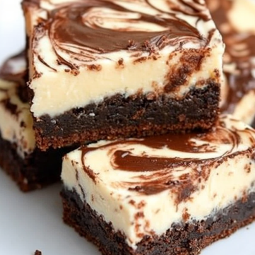 Close-up of stacked dessert bars with a brownie base and creamy cheesecake layer, swirled with chocolate.