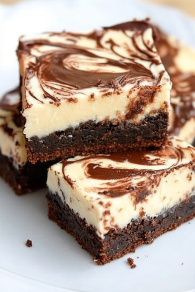 Close-up of stacked dessert bars with a brownie base and creamy cheesecake layer, swirled with chocolate.