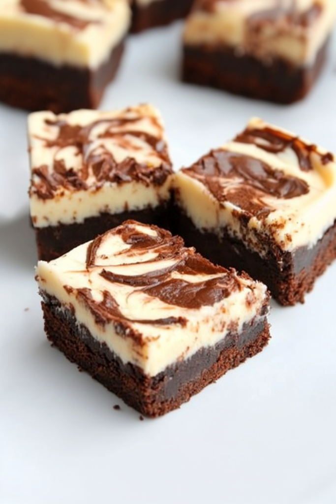 Rich chocolate brownie layered with smooth cheesecake, presented as a decadent treat.
