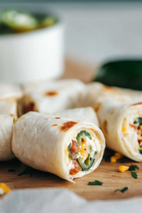 Close-up of rolled tortillas revealing creamy, spicy filling inside.