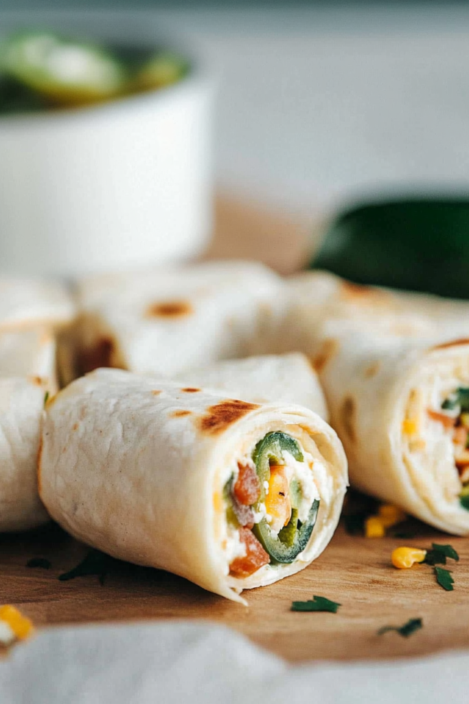 Close-up of rolled tortillas revealing creamy, spicy filling inside.