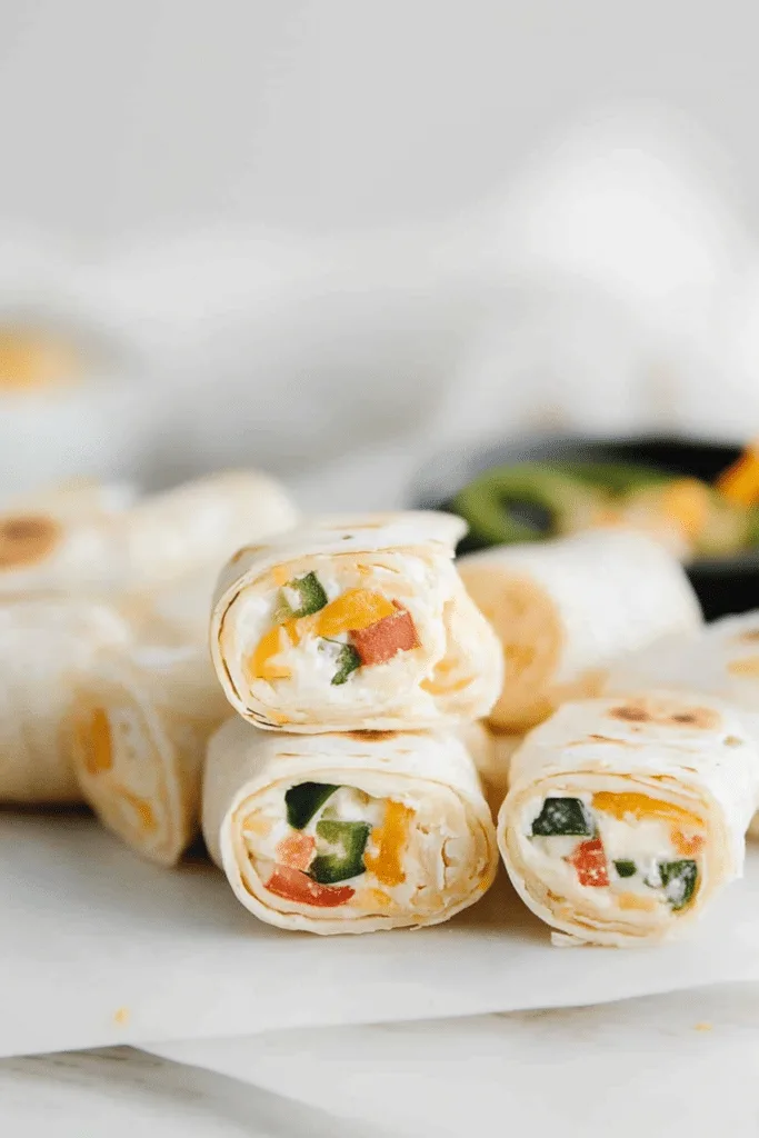 Sliced tortilla pinwheels showing colorful fillings of cheese, corn, and jalapeรฑos.