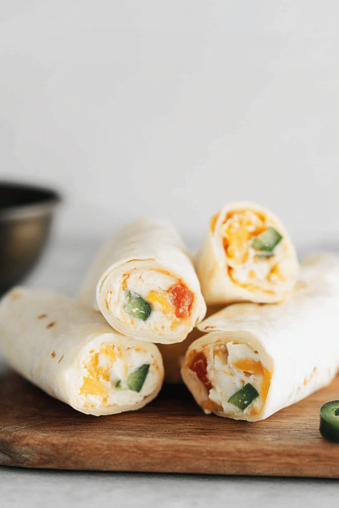 Stacked tortilla roll ups with jalapeรฑo slices and corn garnish.