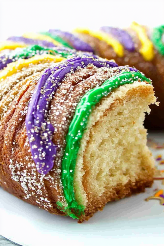Celebratory dessert display featuring a sliced cake with purple, green, and gold decorations.