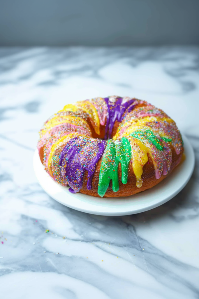 Round cake styled with vibrant Mardi Gras colors, sprinkles adding texture and sparkle.