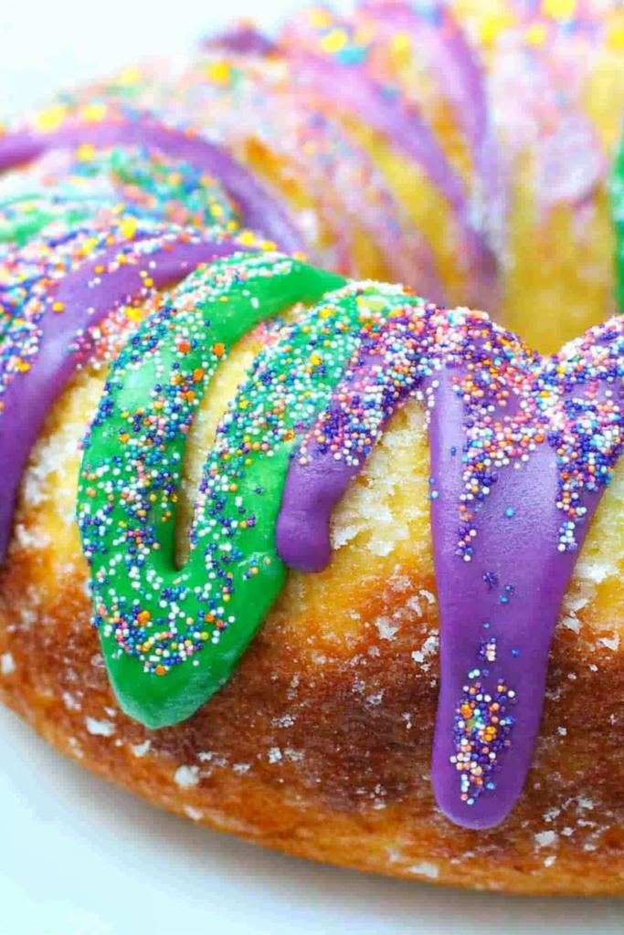 Close-up of moist cinnamon-filled cake interior with colorful icing sections on top.