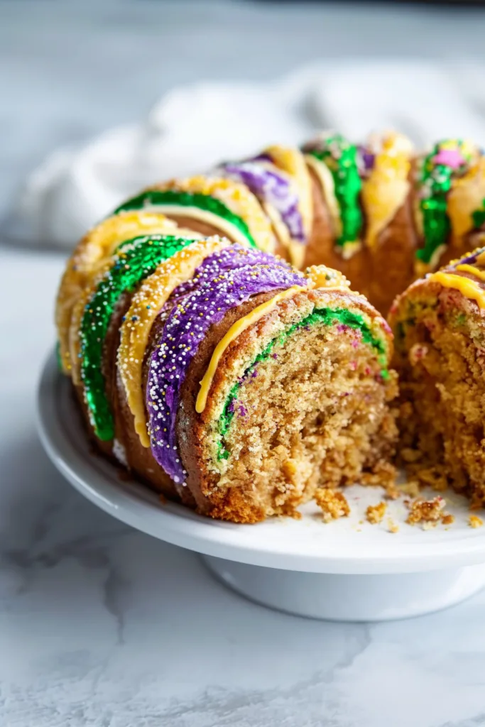 Sliced cake on a white stand decorated with purple, green, and gold icing and sprinkles for Mardi Gras.