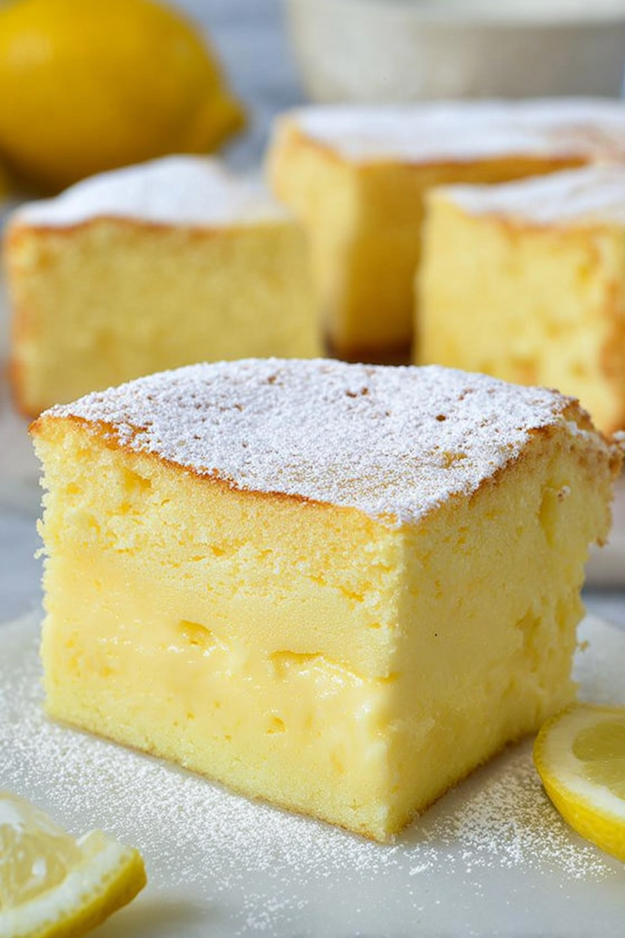 Close-up of a layered dessert bar with fluffy golden top and smooth custard base on parchment paper.