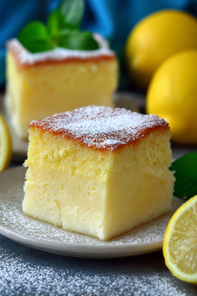 Moist baked lemon treat with creamy center and golden crust, finished with a dusting of powdered sugar.
