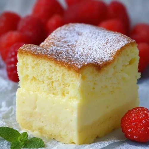 Slice of lemon custard cake with a soft sponge top and creamy custard layer, dusted with powdered sugar and served with fresh raspberries.
