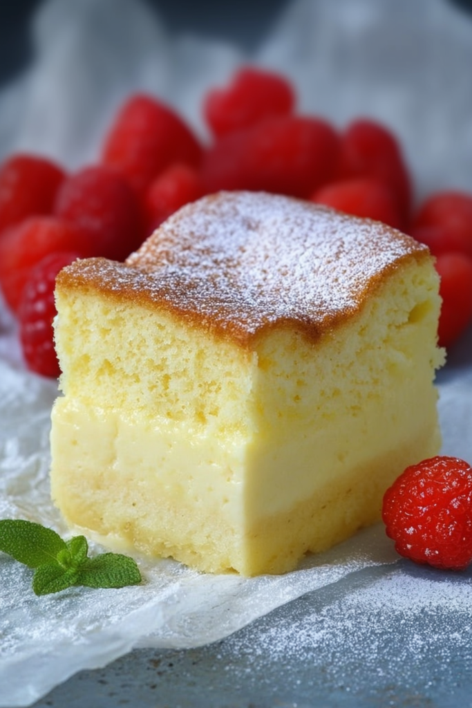 Slice of lemon custard cake with a soft sponge top and creamy custard layer, dusted with powdered sugar and served with fresh raspberries.