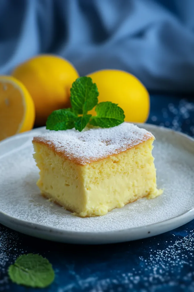 Light and airy lemon dessert slice showing distinct sponge and custard layers on a serving plate.