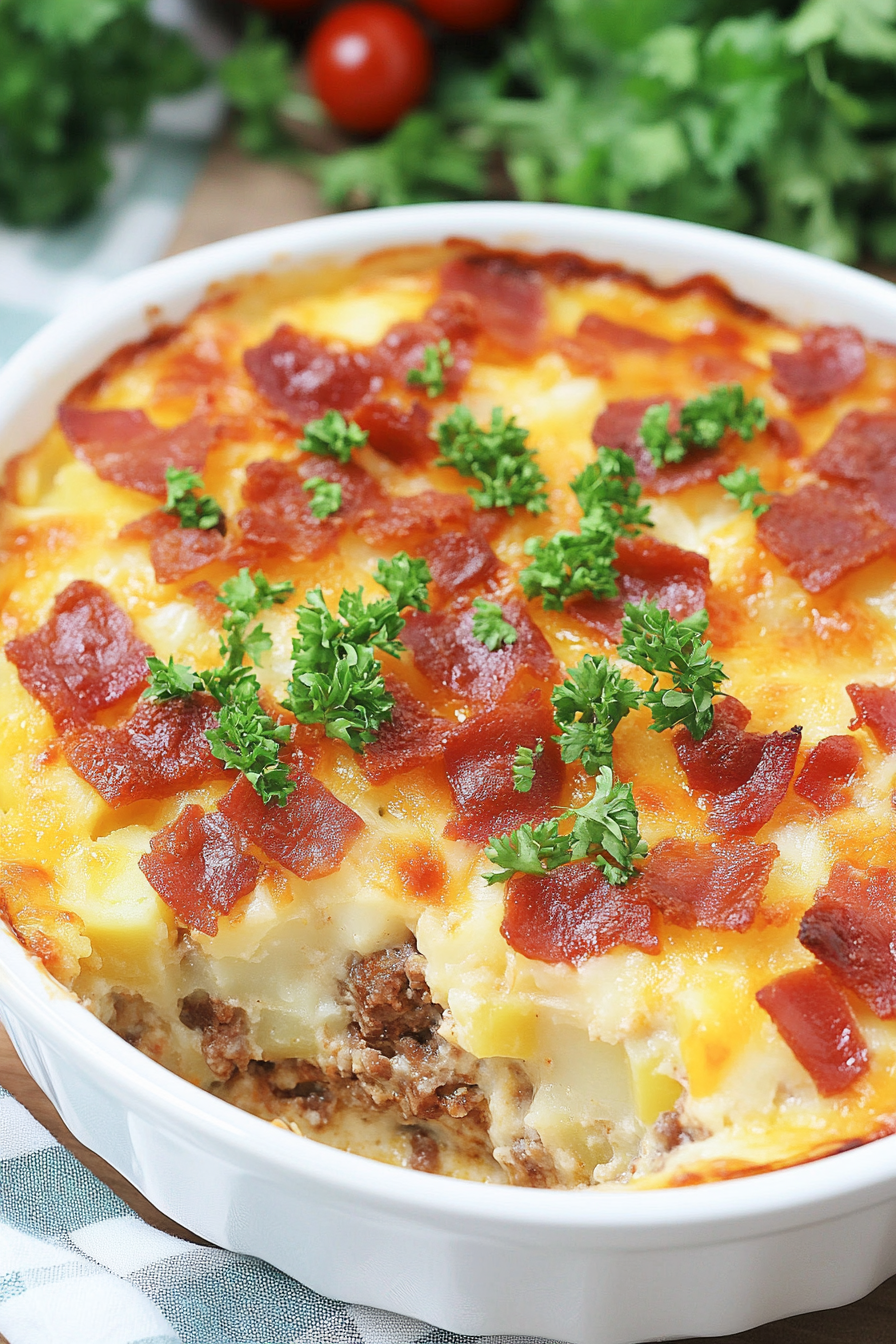 Oven-baked comfort dish with beef, creamy potatoes, melted cheddar, and fresh herbs on top.