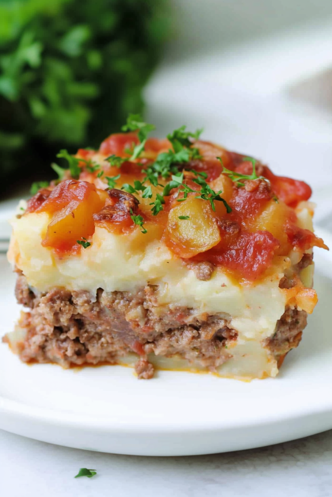 Baked meat and potato casserole topped with melted cheese, crispy bacon, and fresh parsley.