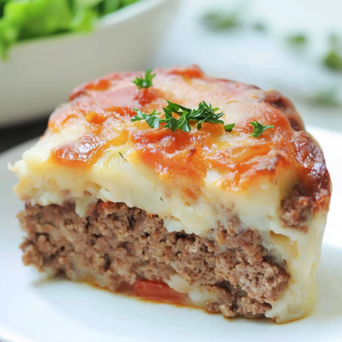 Creamy mashed potatoes layered over seasoned ground beef and finished with bacon pieces.