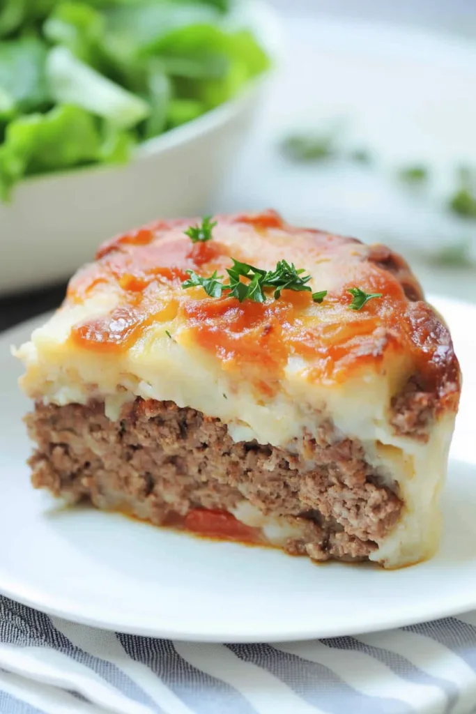 Creamy mashed potatoes layered over seasoned ground beef and finished with bacon pieces.