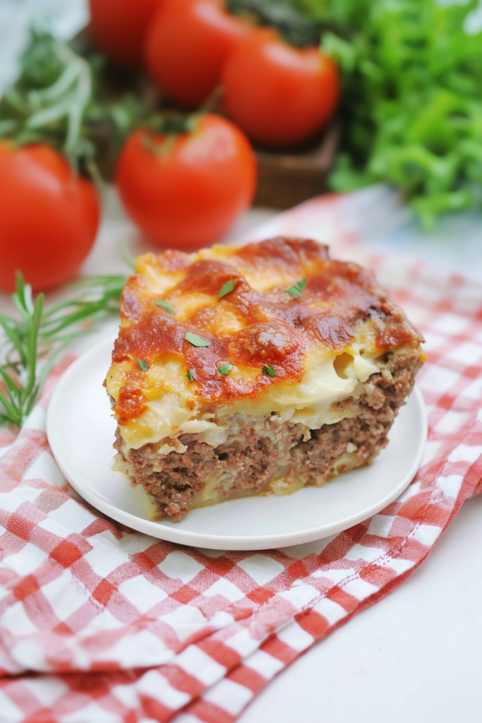 Hearty layered casserole with savory meat filling, fluffy potatoes, and crisp bacon topping.