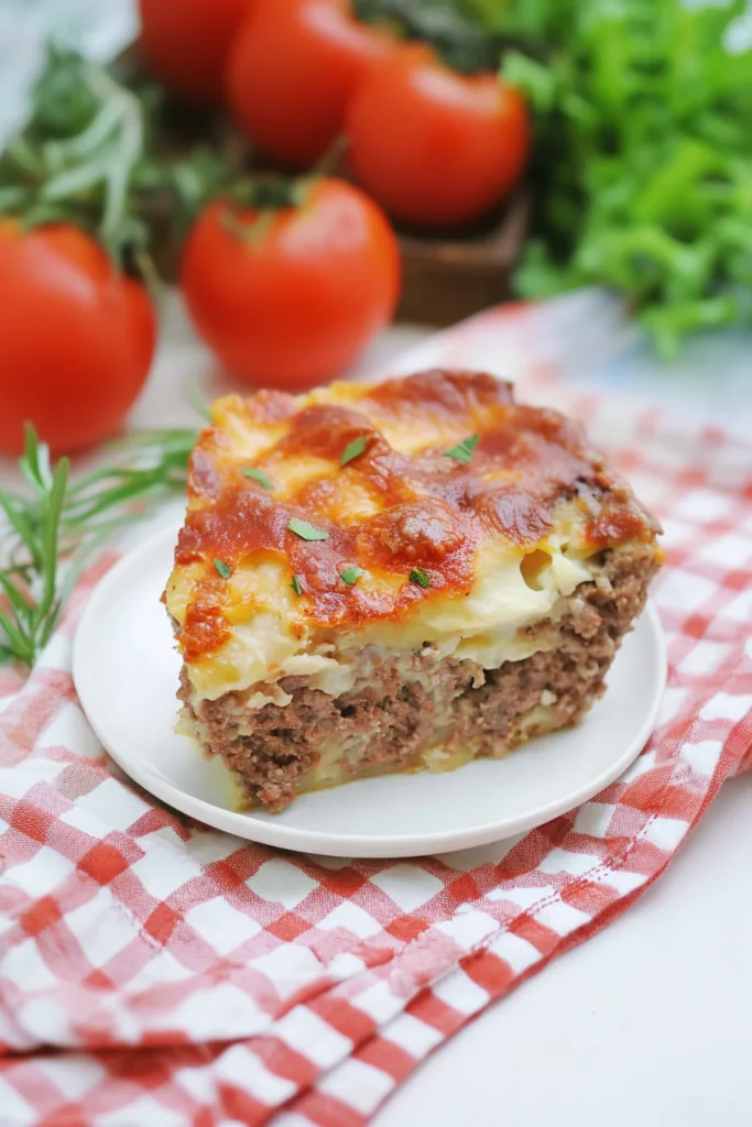 Hearty layered casserole with savory meat filling, fluffy potatoes, and crisp bacon topping.