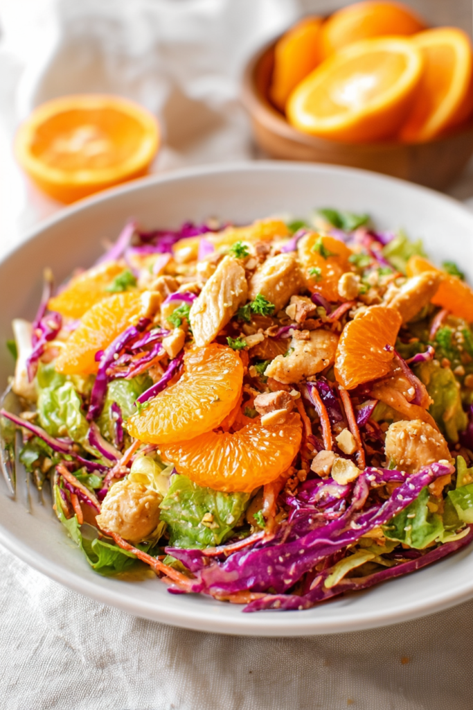 Close-up of a hearty salad featuring sliced chicken, fresh lettuce, citrus fruit, and nutty topping.