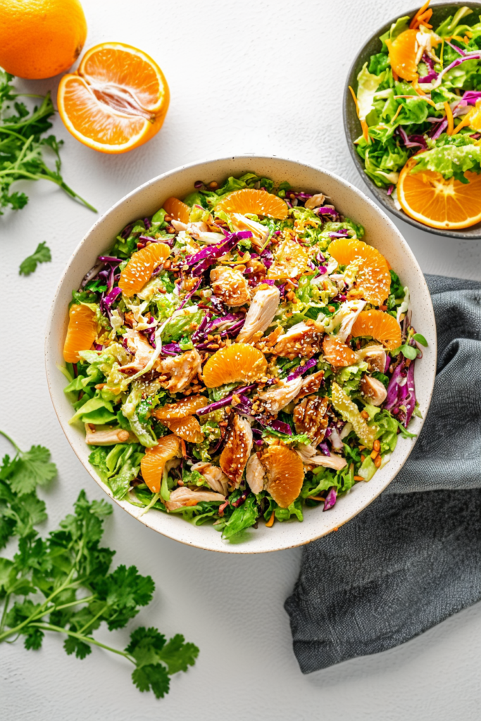 Vibrant lunch salad with greens, oranges, and seasoned chicken served in a white bowl.