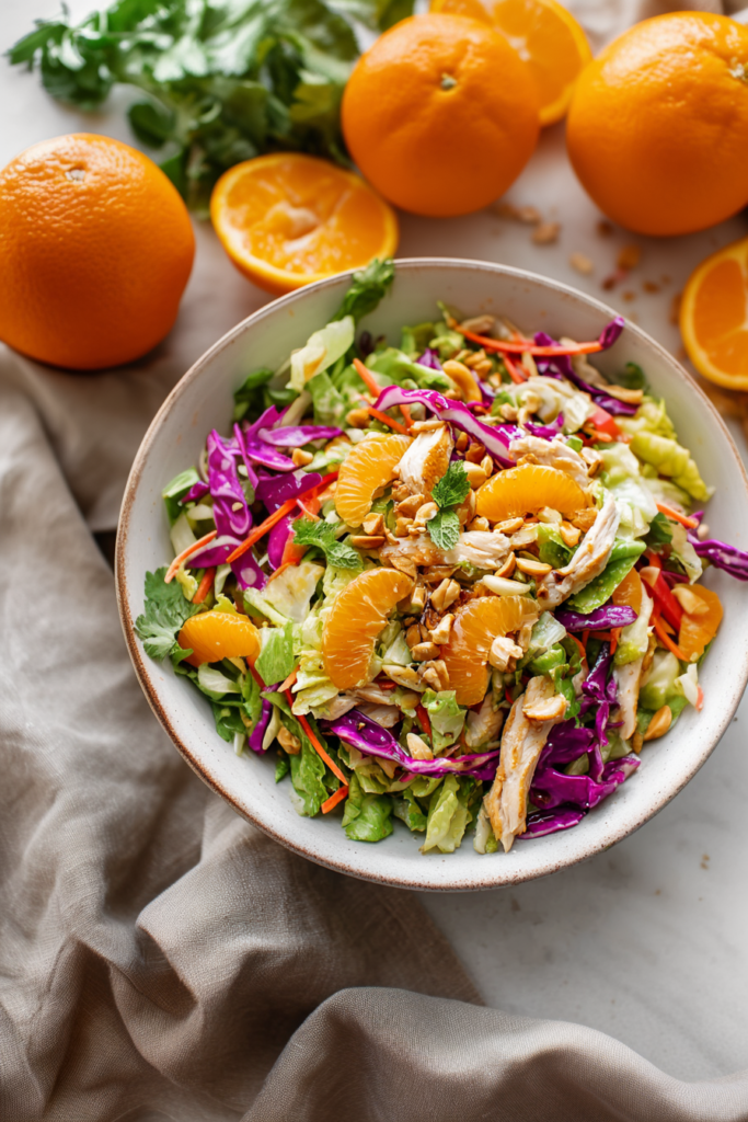 Light and healthy chicken salad with sweet orange wedges and shredded purple cabbage.