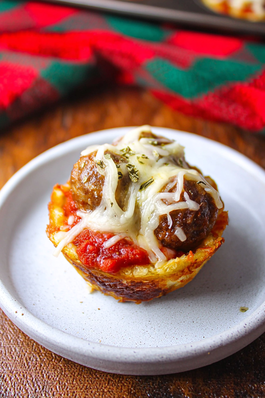 Golden biscuit cups filled with marinara, meatballs, and melted mozzarella
