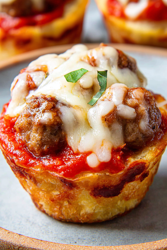 Close-up of savory baked cups topped with browned cheese and parsley