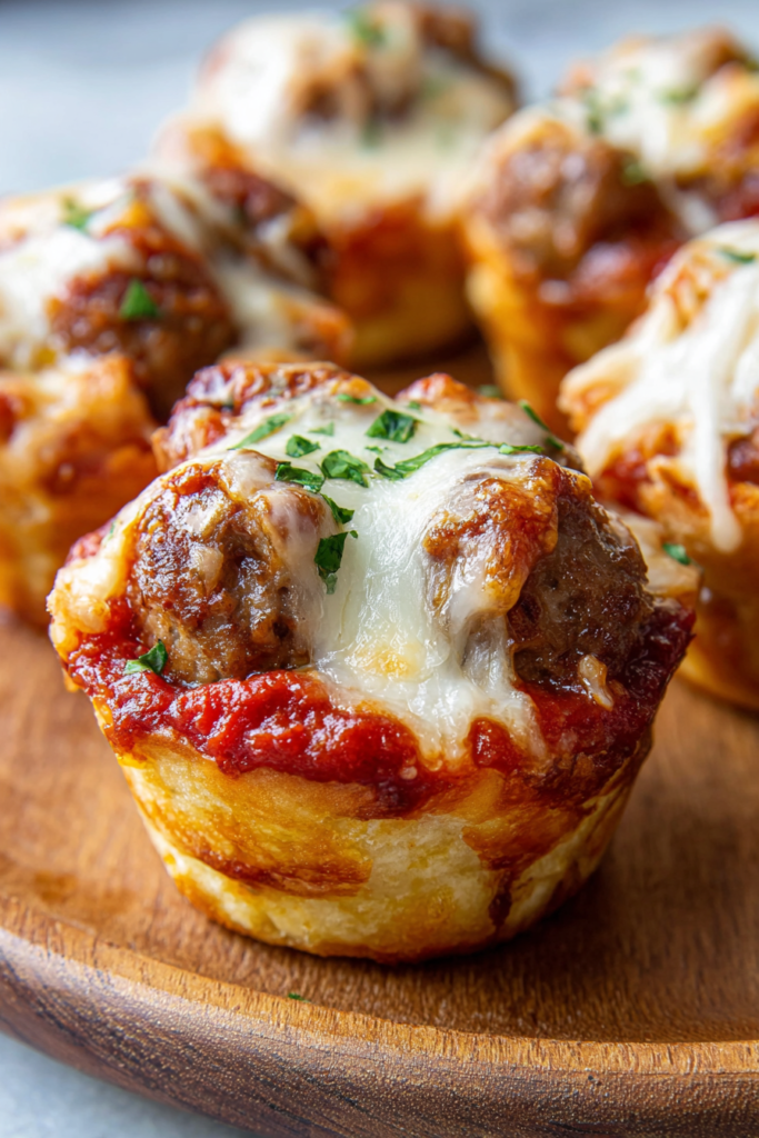 Wooden platter of bite-sized meatball appetizers fresh from the oven