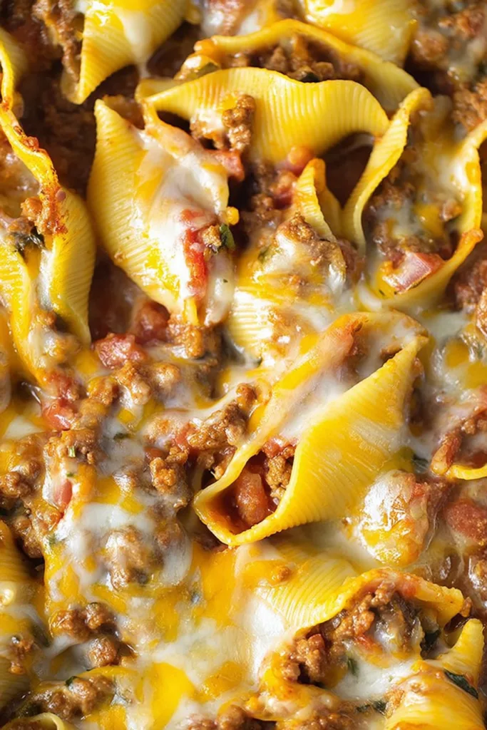 Close-up of cheesy stuffed pasta shells fresh from the oven.