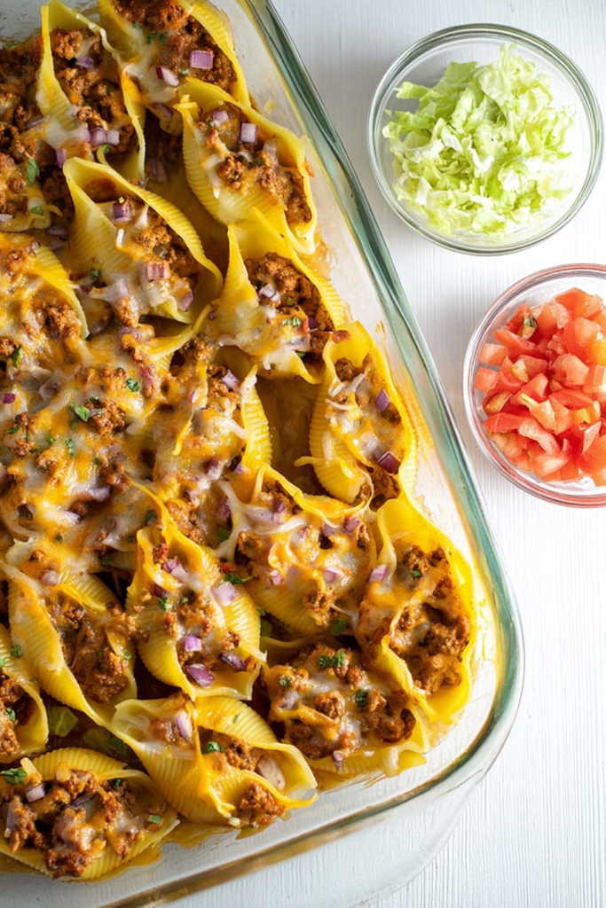 Golden baked stuffed shells served hot with melted cheese and savory filling.