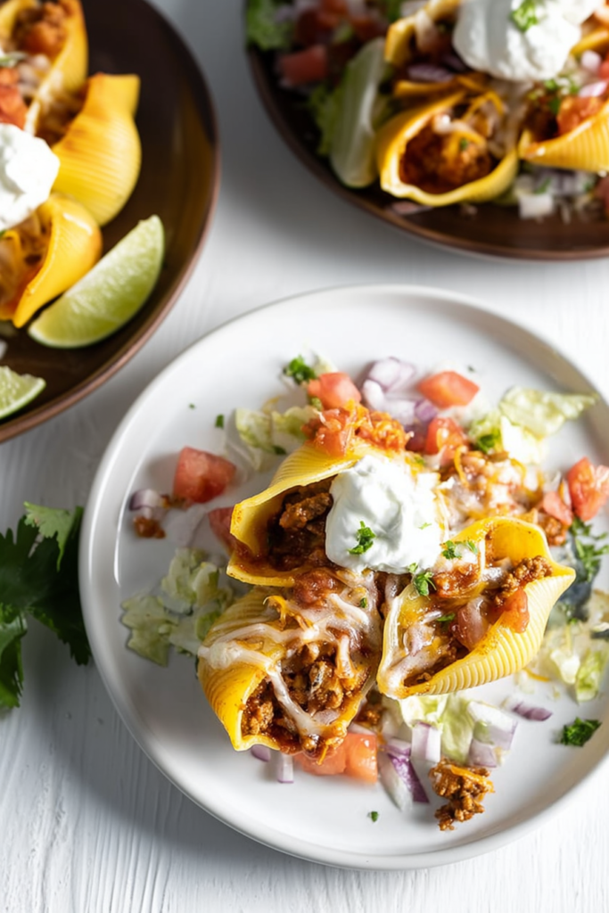 Baked pasta shells filled with seasoned meat, topped with melted cheese and sauce.