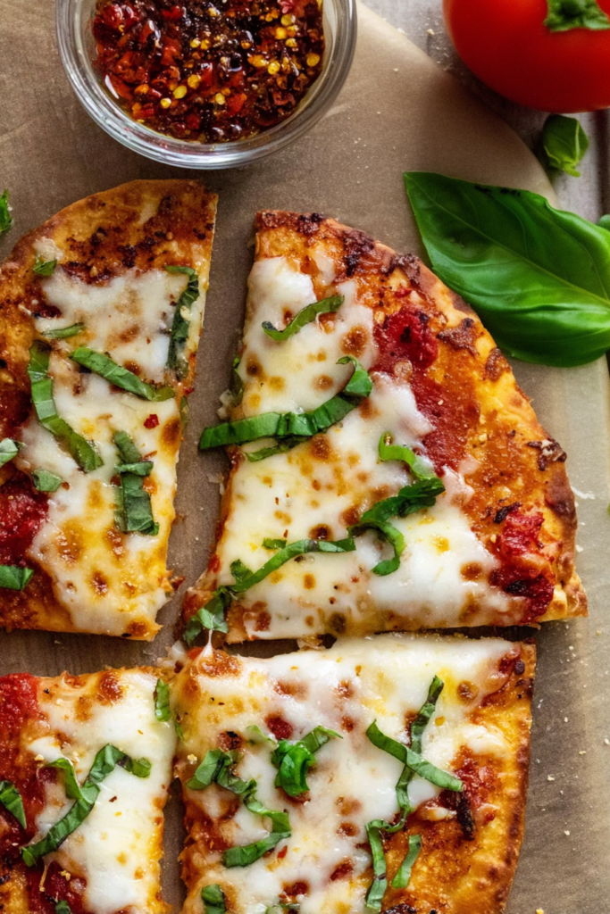 Freshly baked flatbread pizza cut into squares with melted cheese and herbs