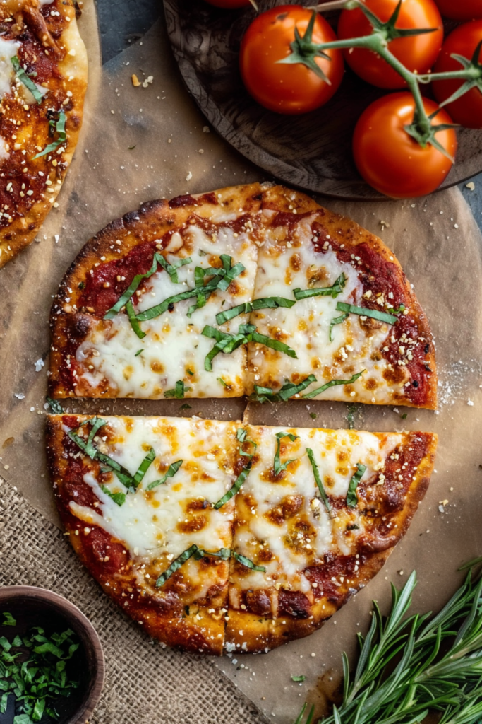 Rustic naan pizza straight from the oven with gooey cheese and rich tomato topping