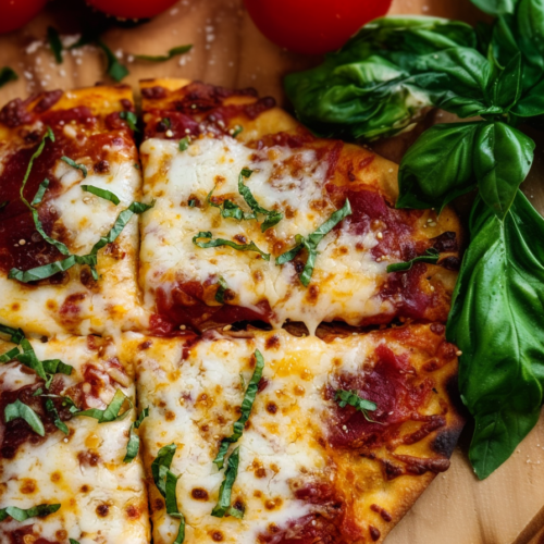 Close-up of cheesy flatbread slices garnished with basil and served with cherry tomatoes