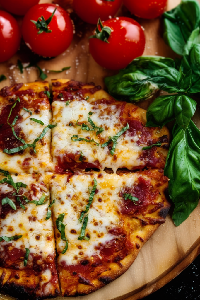 Close-up of cheesy flatbread slices garnished with basil and served with cherry tomatoes
