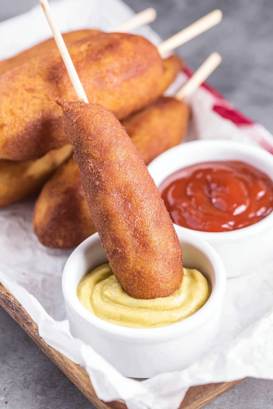 Close-up of crispy fried corn dogs stacked together, served with a small bowl of dipping sauce.