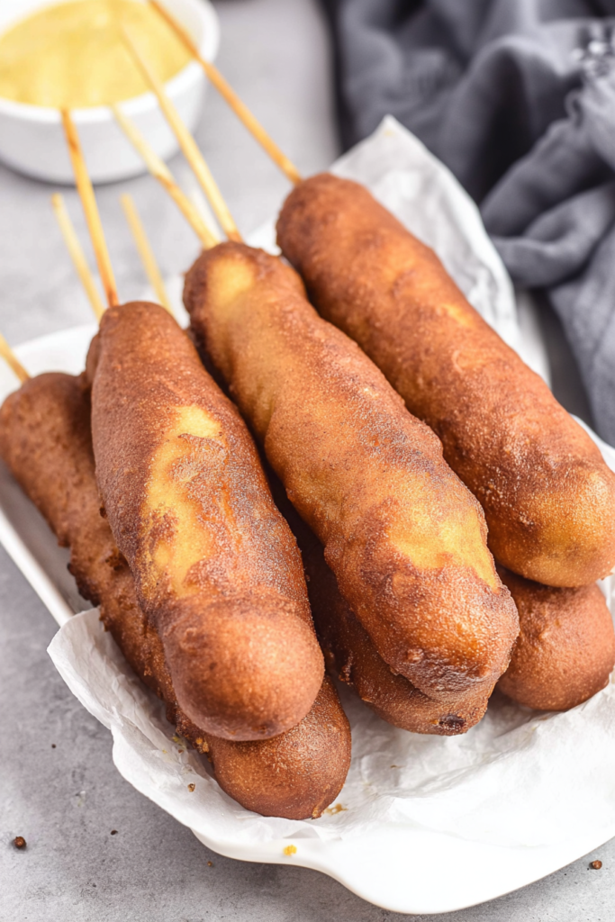Skewered hot dogs coated in golden cornmeal batter, arranged on parchment-lined plate with mustard dip nearby.