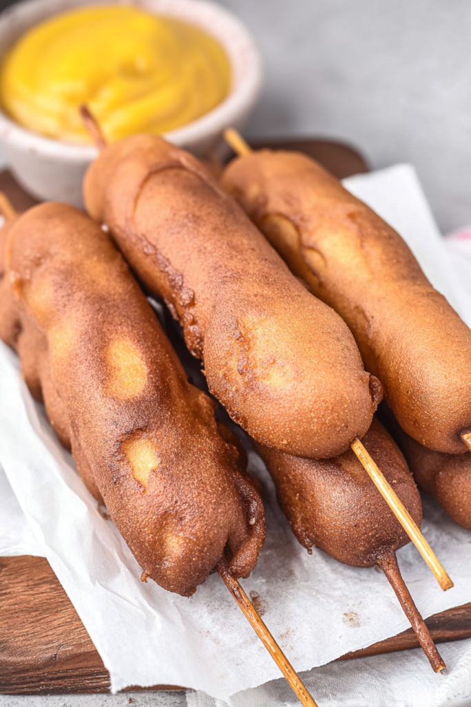 Freshly fried corn dogs showing crunchy exterior, plated simply with parchment paper and mustard on the side.