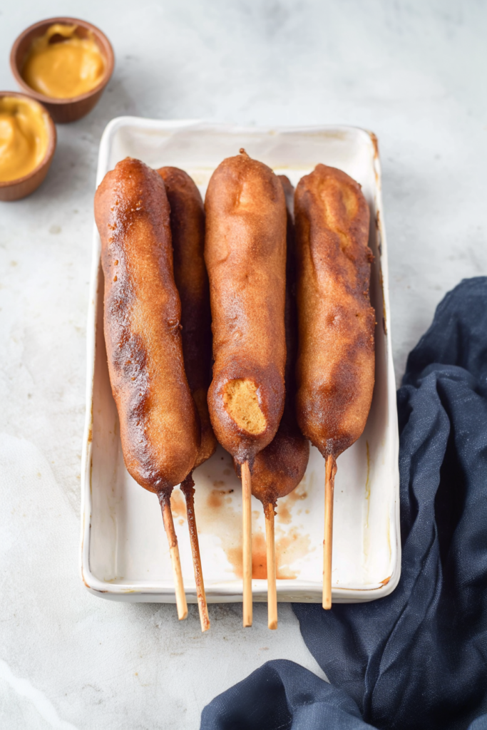 Classic fair-style corn dogs presented on a white plate, their golden crust highlighted against a dark napkin backdrop.