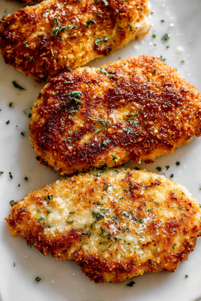 Tender chicken with browned, cheesy crust sliced and ready to serve.
